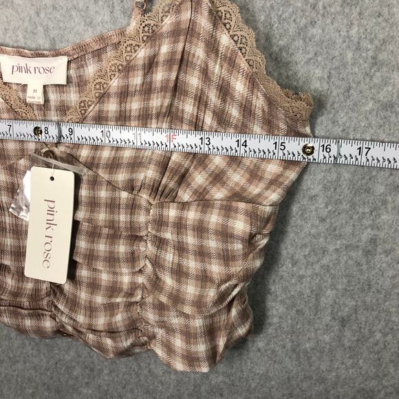 Pink Rose Tank Crop Medium‎ Lace Trim Ruched Preppy Coquette Cowgirl Y2K 90s - Picture 10 of 10